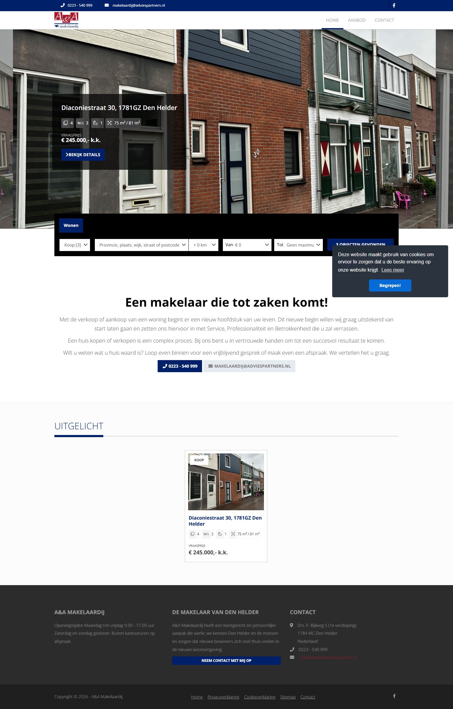 Screenshot van de website van www.aamakelaardij.nl
