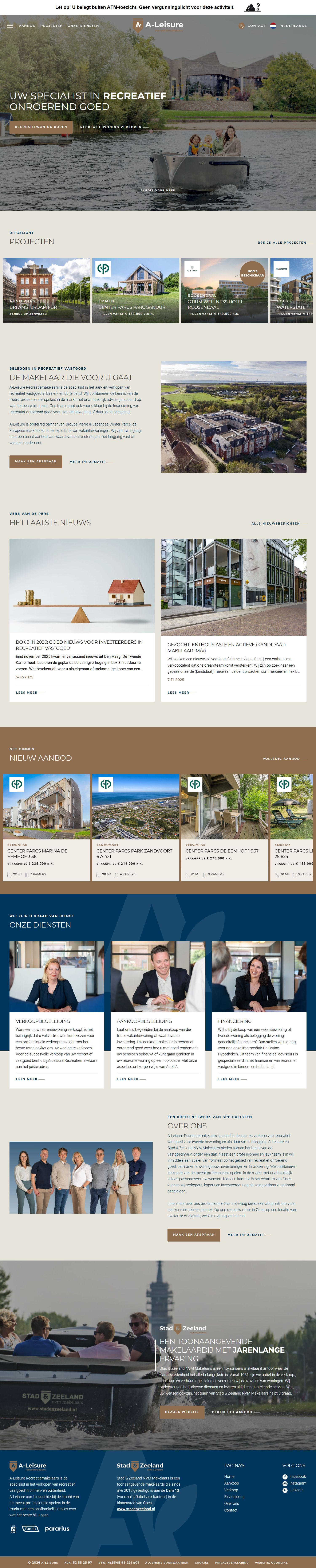 Screenshot van de website van www.aleisure.nl
