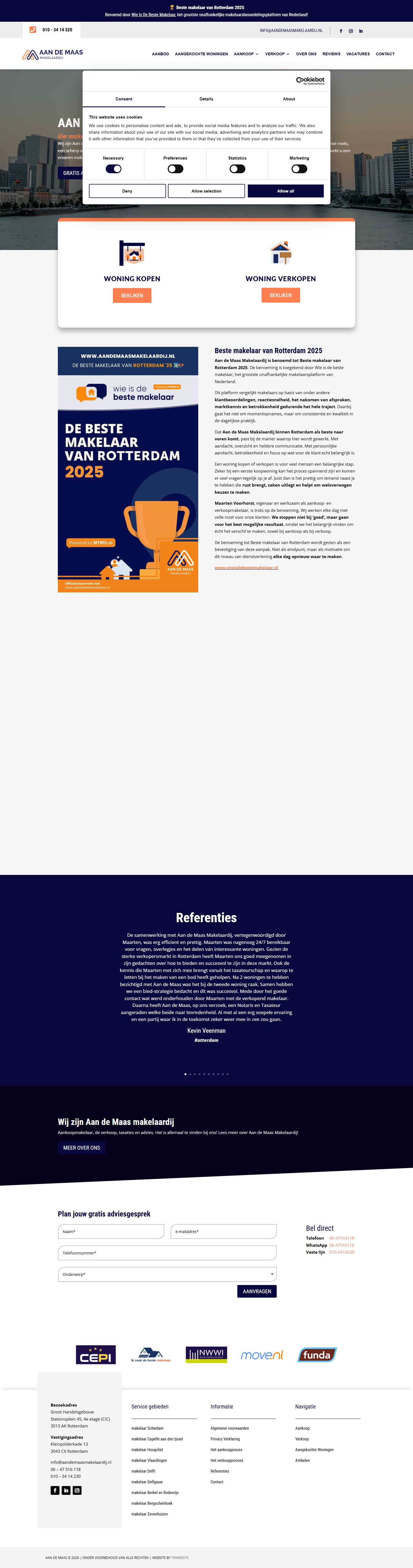 Screenshot van de website van www.aandemaasmakelaardij.nl