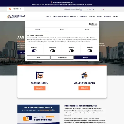 Screenshot van de website van www.aandemaasmakelaardij.nl