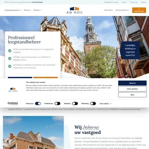 Screenshot van de website van www.adhocbeheer.nl