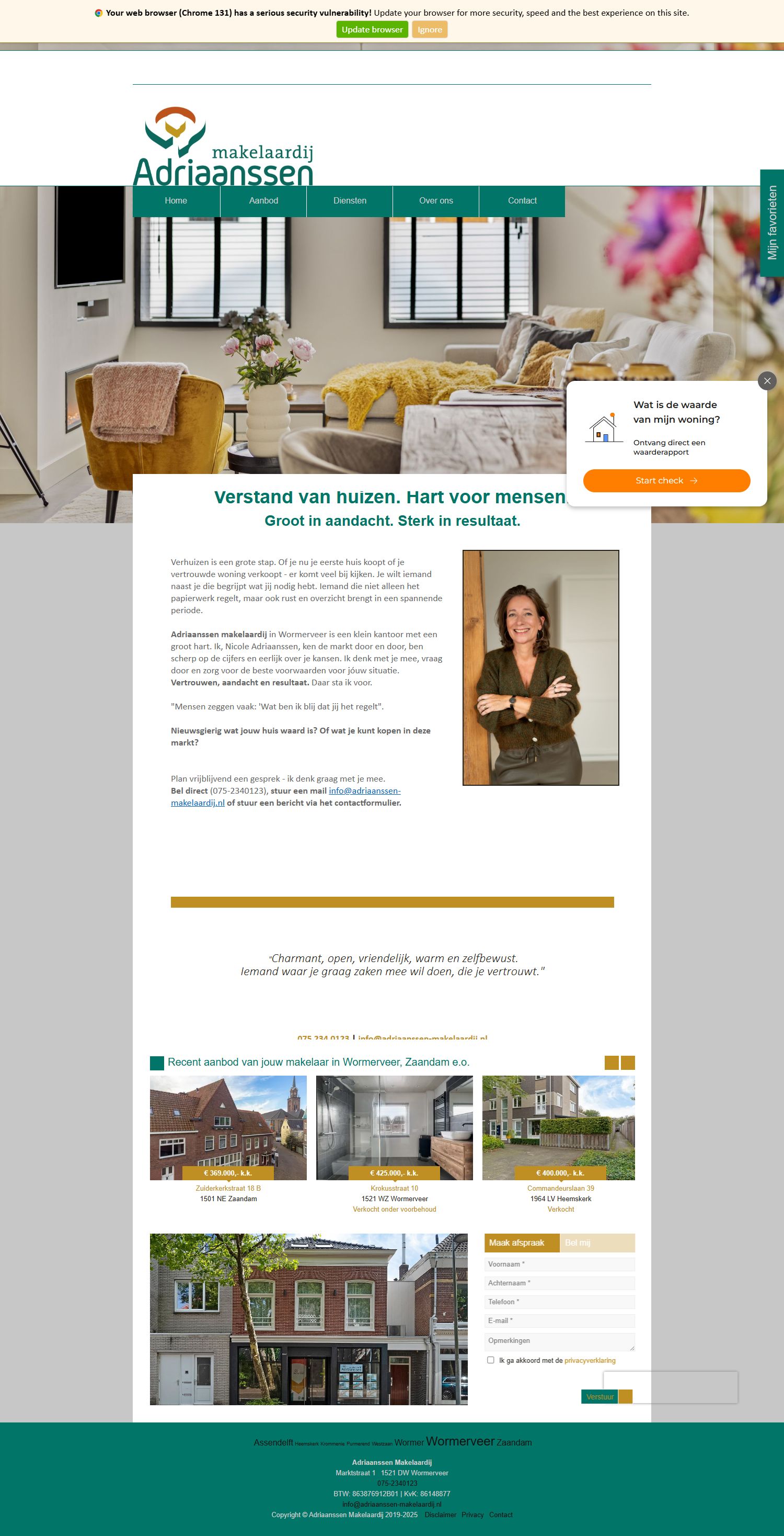 Screenshot van de website van www.adriaanssen-makelaardij.nl