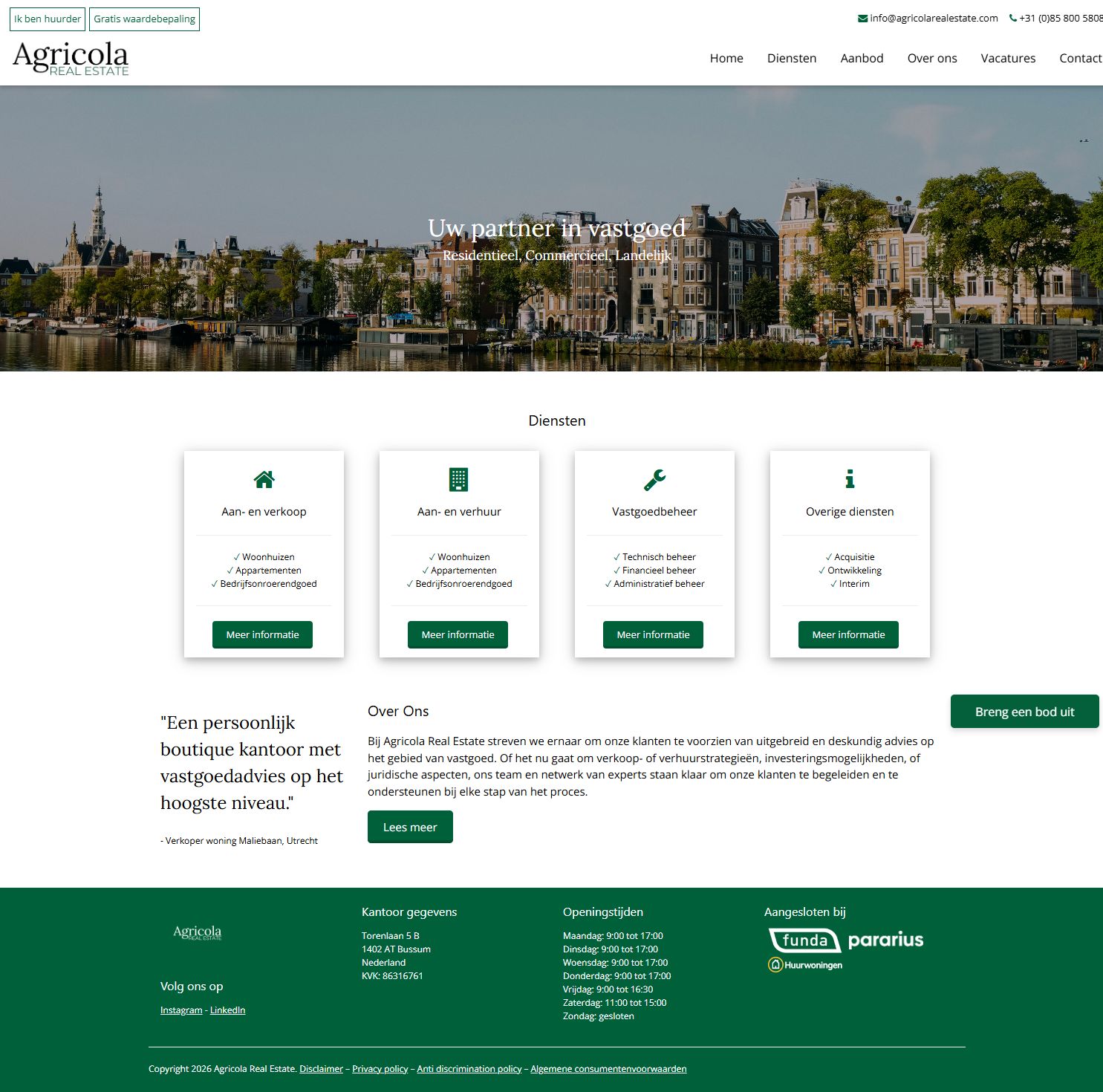 Screenshot van de website van www.agricolarealestate.com