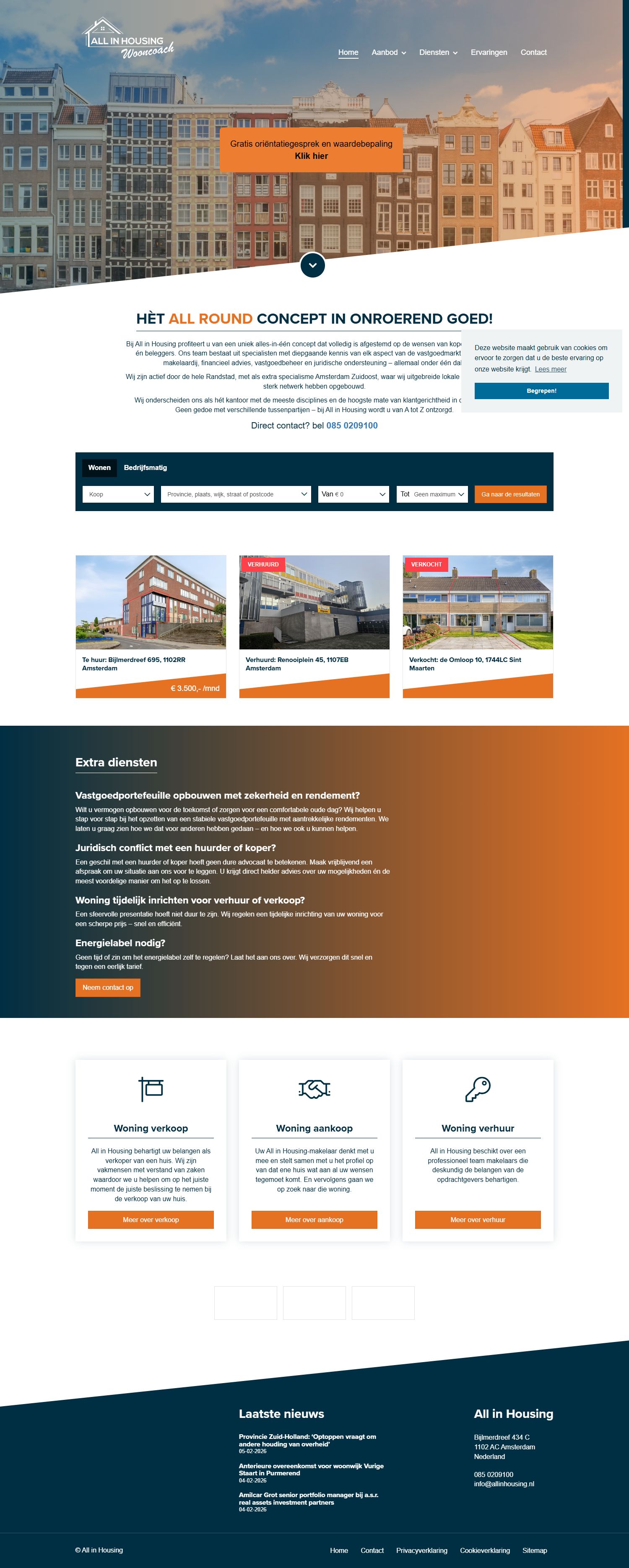 Screenshot van de website van www.allinhousing.nl