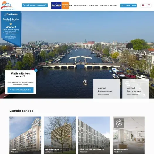 Screenshot van de website van www.amstel-property.com