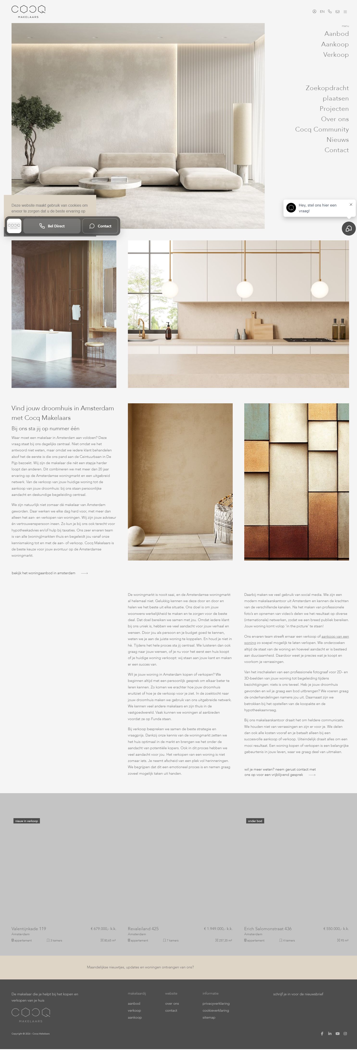 Screenshot van de website van www.cocqmakelaars.amsterdam