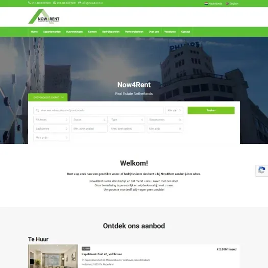 Screenshot van de website van www.now4rent.nl