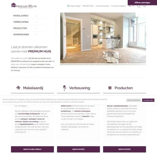 Screenshot van de website van www.premiumhuis.com