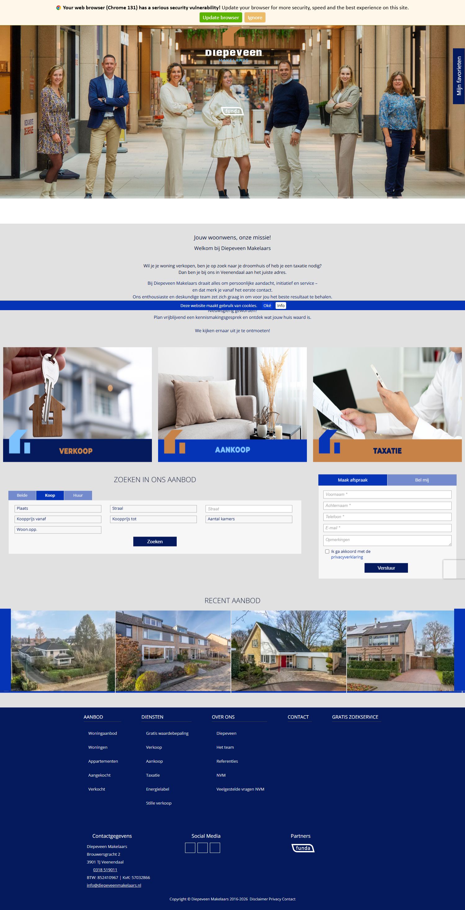Screenshot van de website van www.diepeveenmakelaars.nl