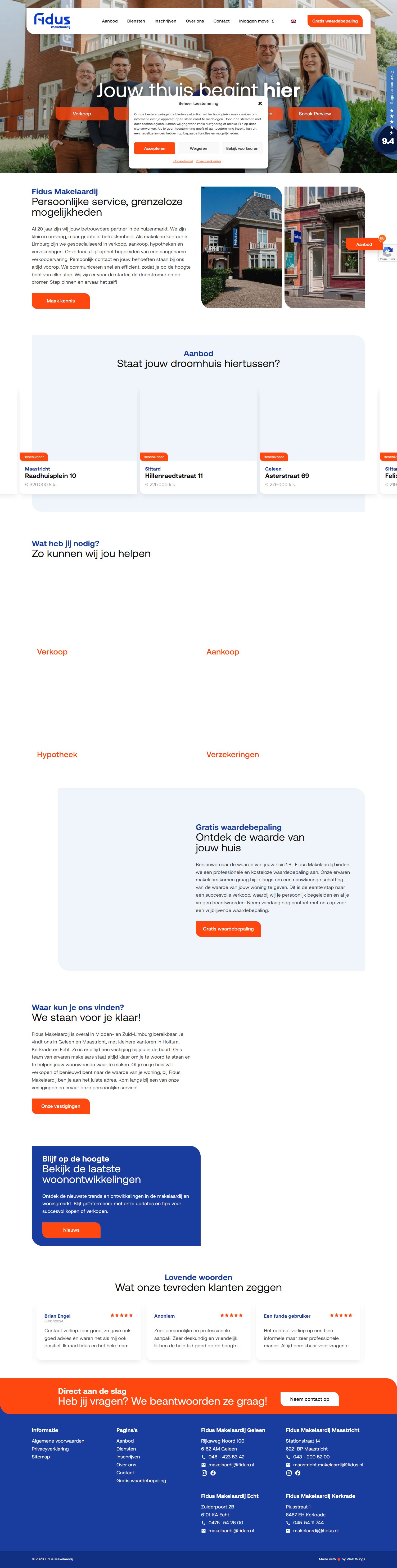 Screenshot van de website van makelaardij.fidus.nu