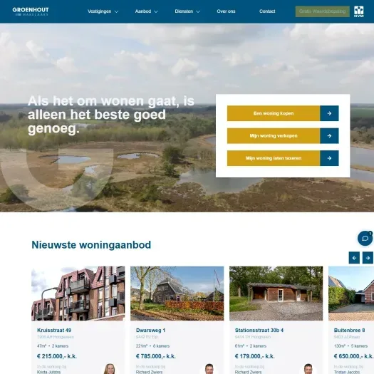 Screenshot van de website van www.groenhoutmakelaars.nl