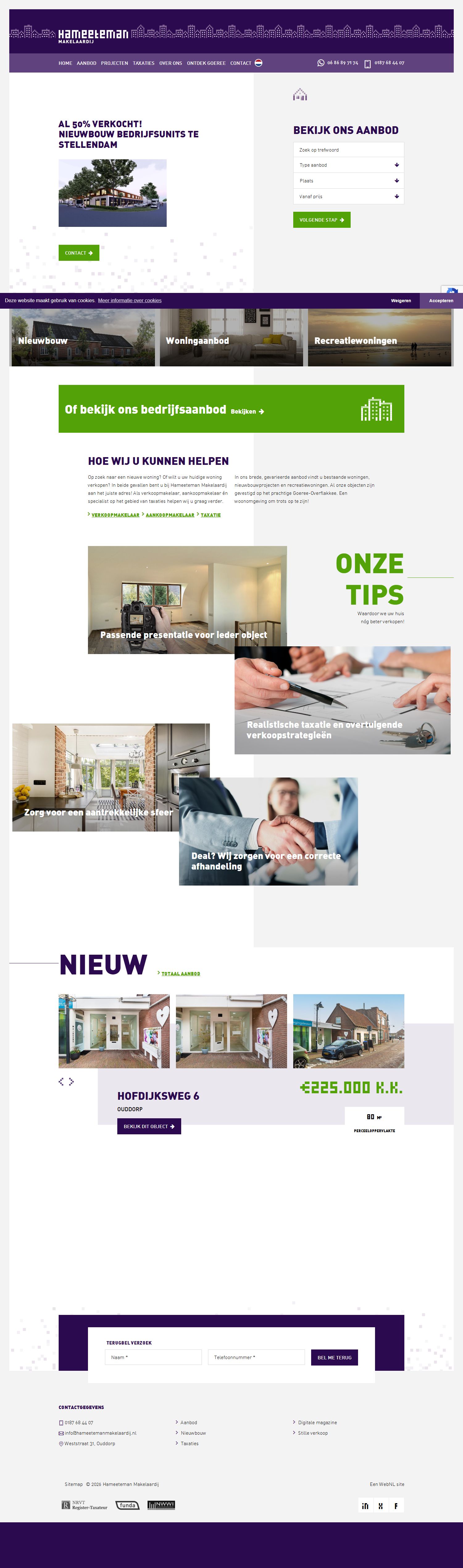 Screenshot van de website van www.hameetemanmakelaardij.nl