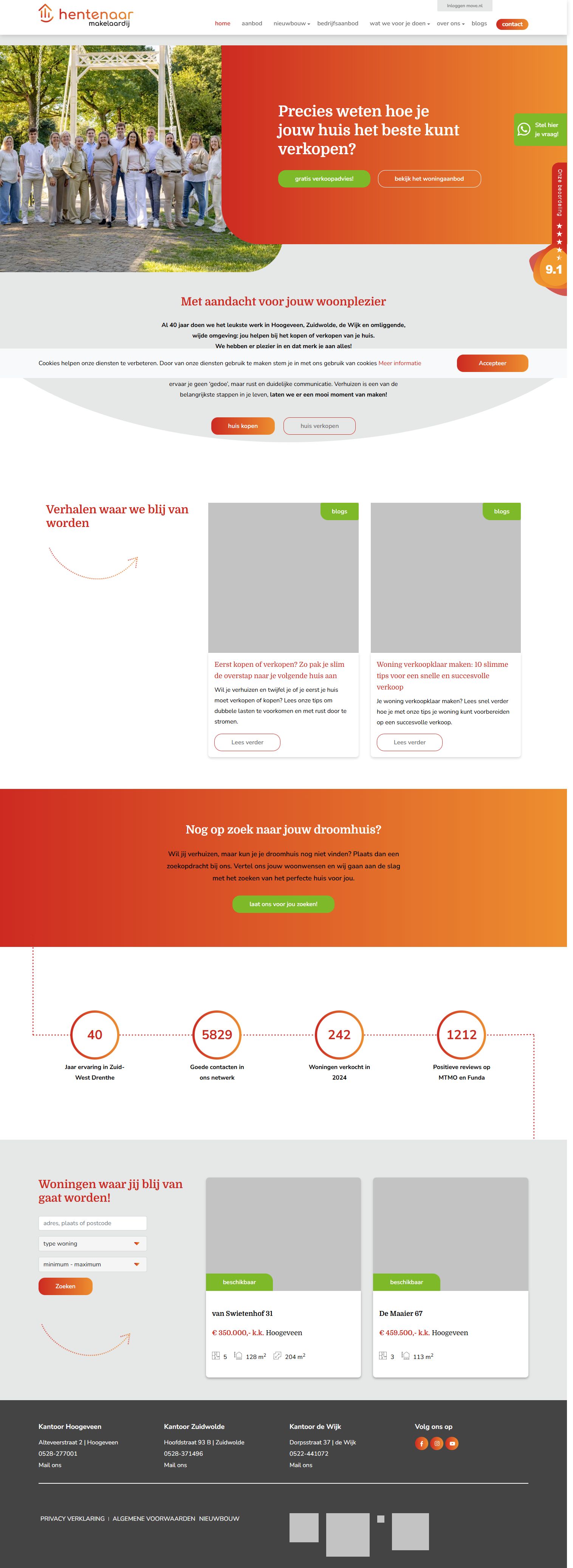 Screenshot van de website van www.hentenaarmakelaardij.nl