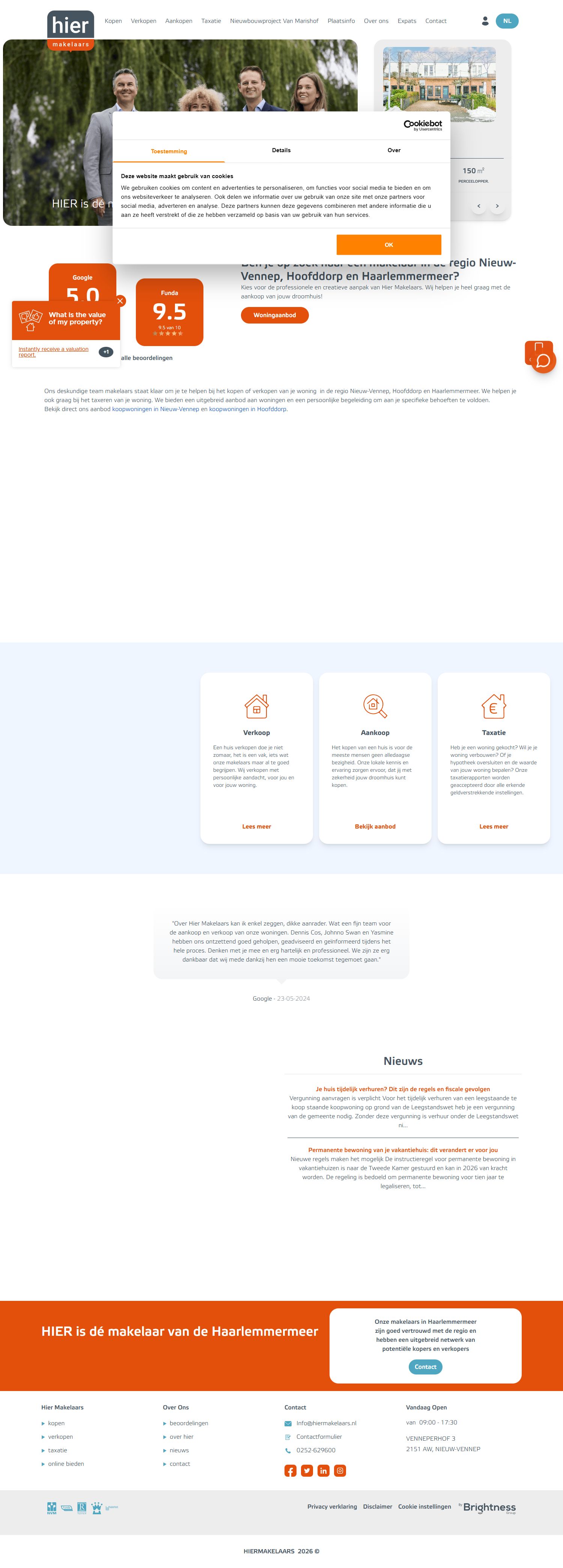 Screenshot van de website van hiermakelaars.nl