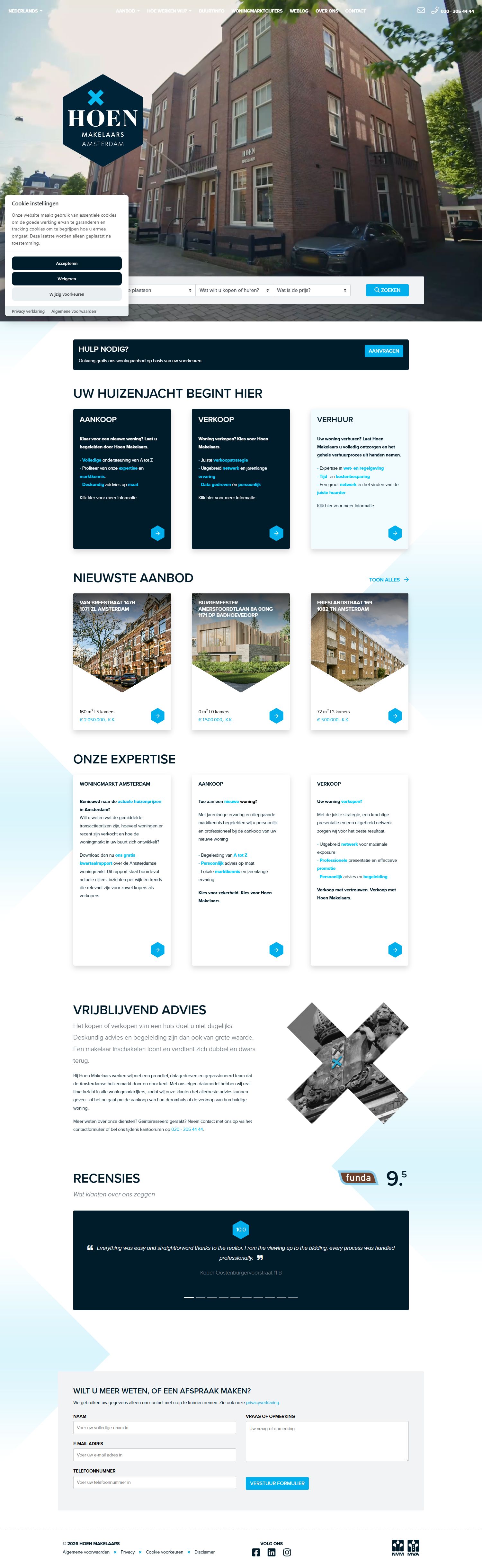 Screenshot van de website van www.hoenmakelaars.nl