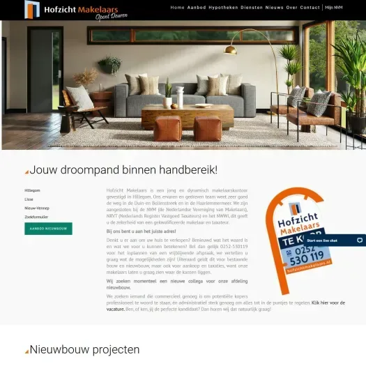 Screenshot van de website van www.hofzichtmakelaars.nl