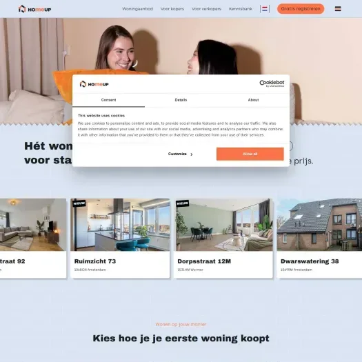 Screenshot van de website van homeup.nl