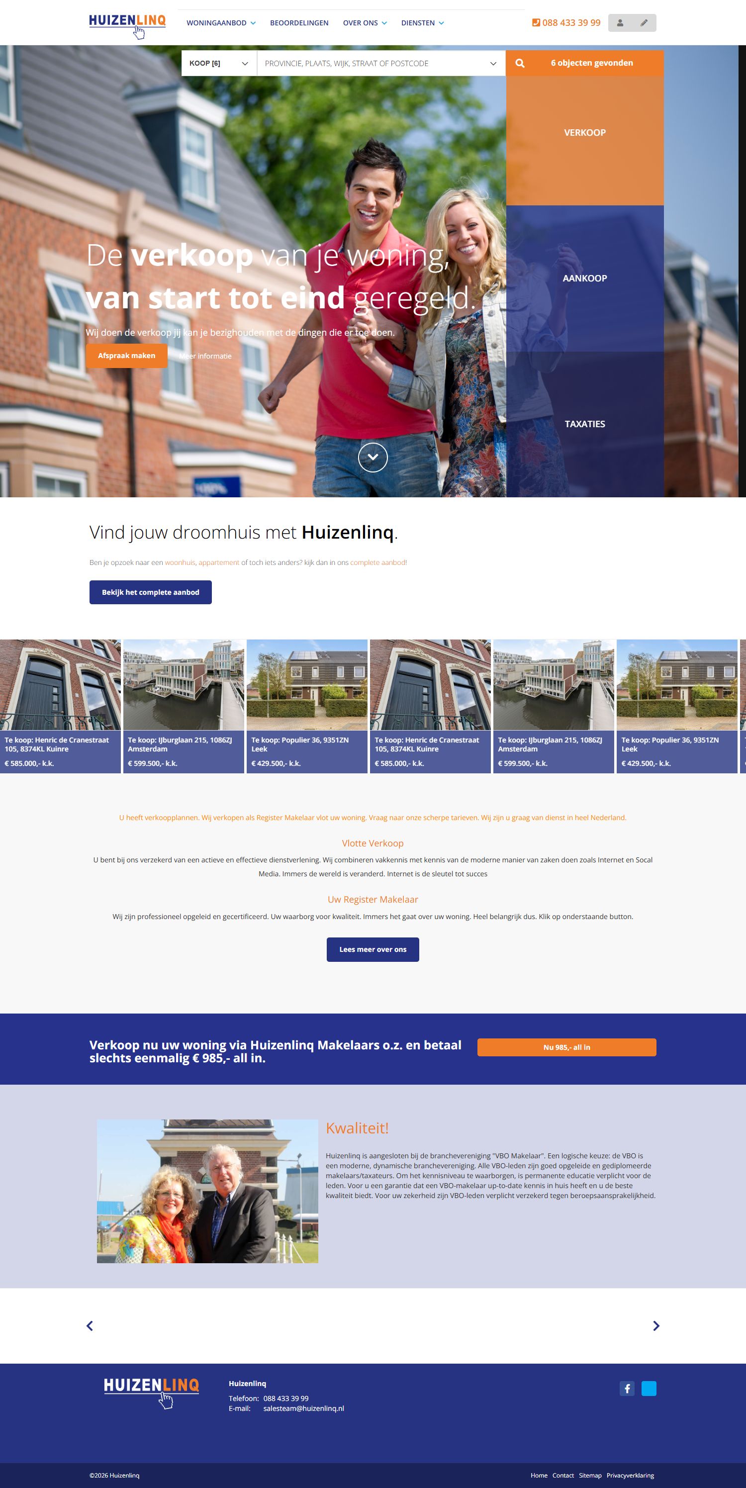 Screenshot van de website van www.huizenlinq.nl