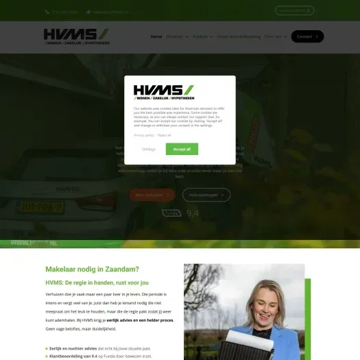 Screenshot of the website of www.hvmswonen.nl