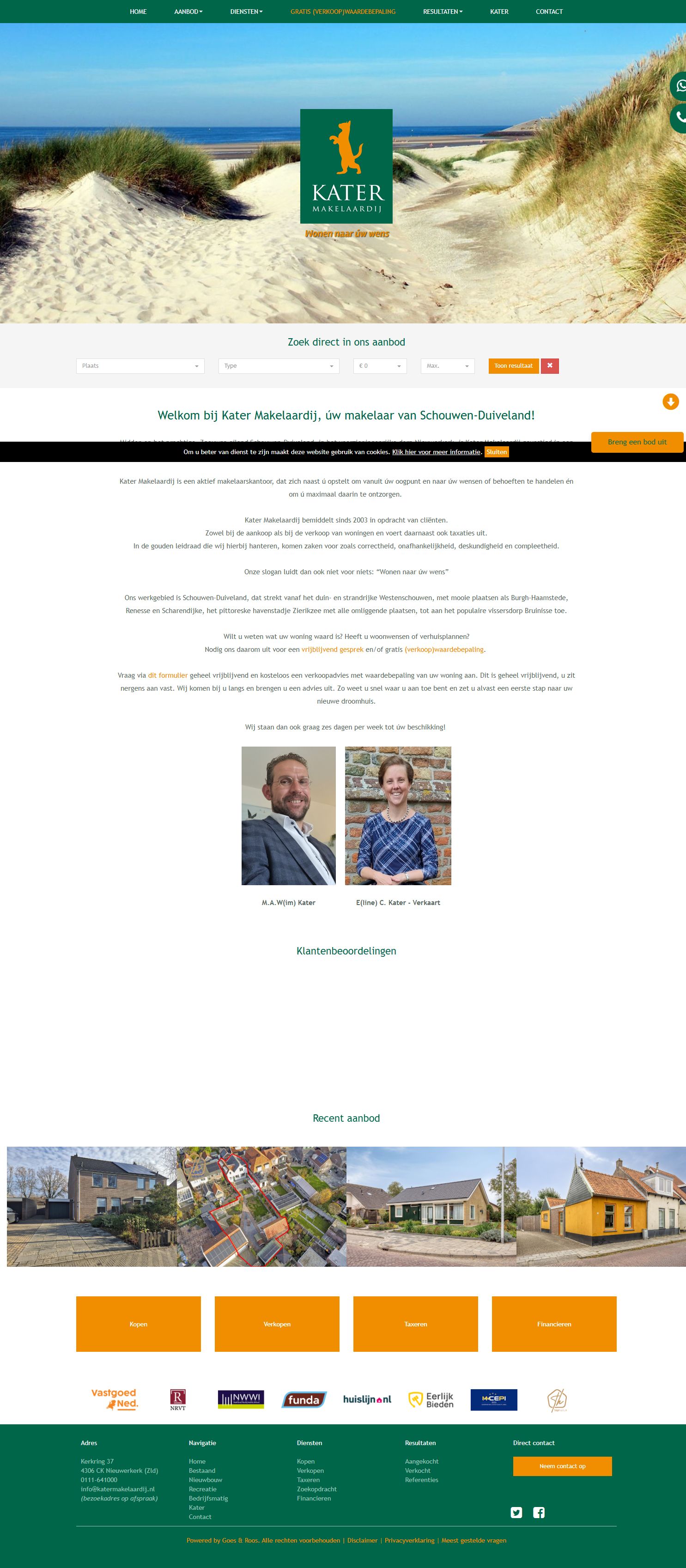 Screenshot van de website van www.katermakelaardij.nl