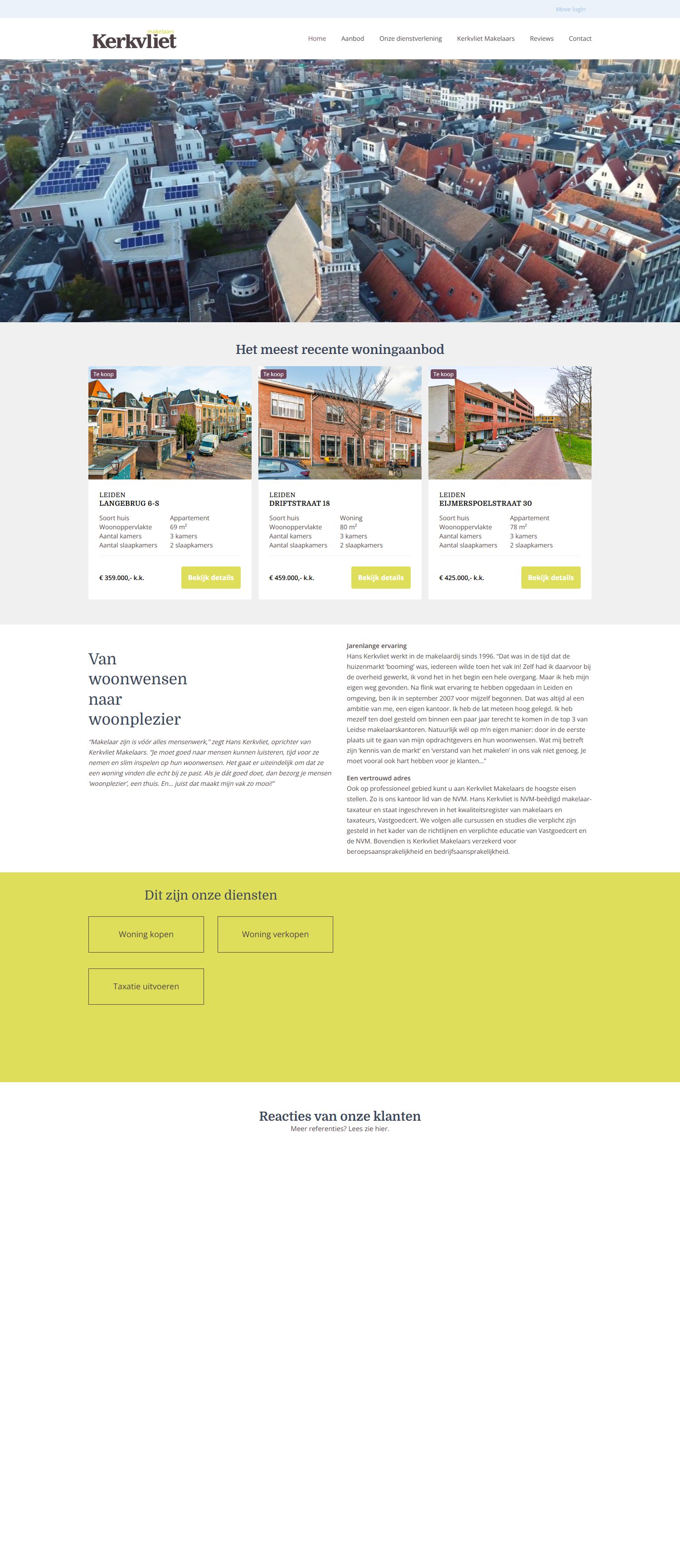 Screenshot van de website van www.kerkvlietmakelaars.nl