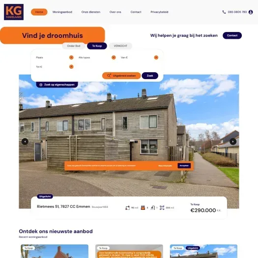 Screenshot van de website van www.kgmakelaars.nl