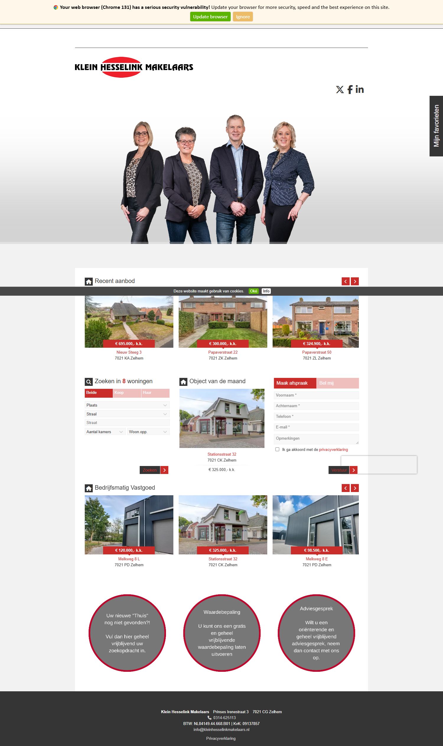 Screenshot van de website van www.kleinhesselinkmakelaars.nl