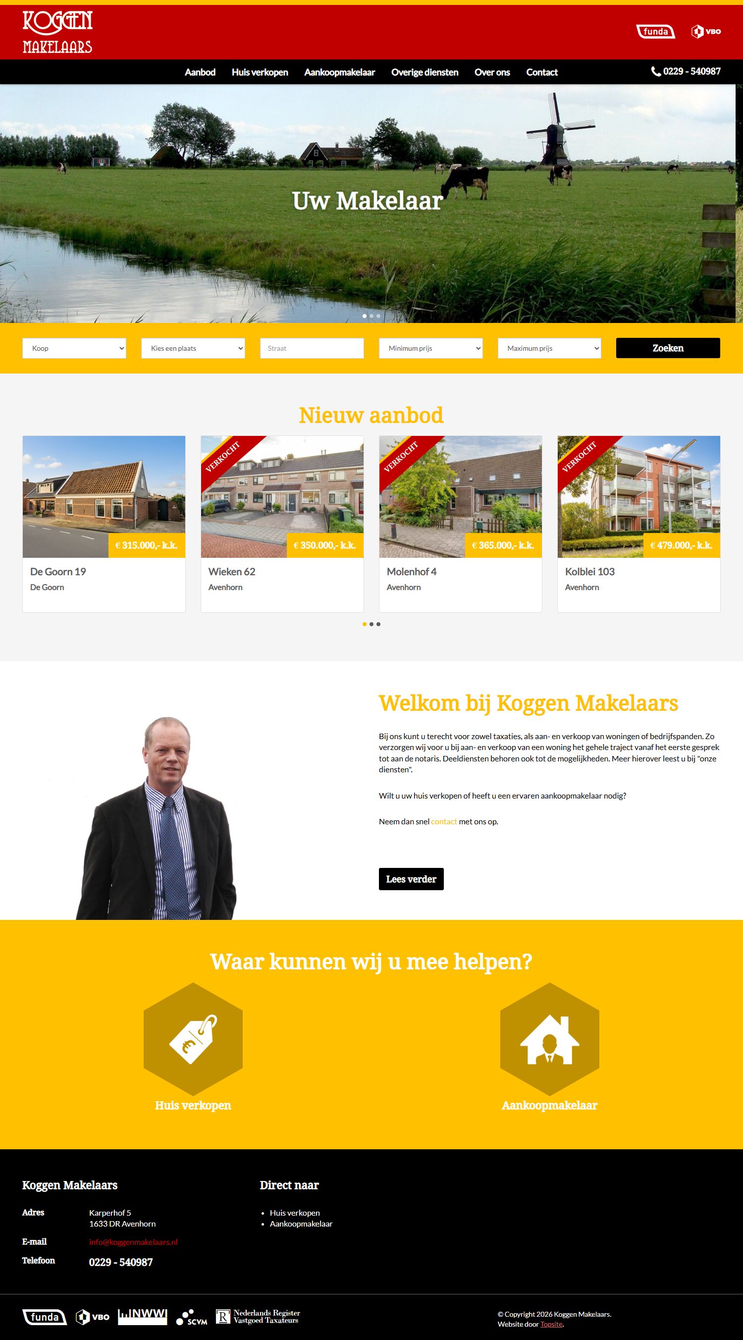 Screenshot van de website van www.koggenmakelaars.nl