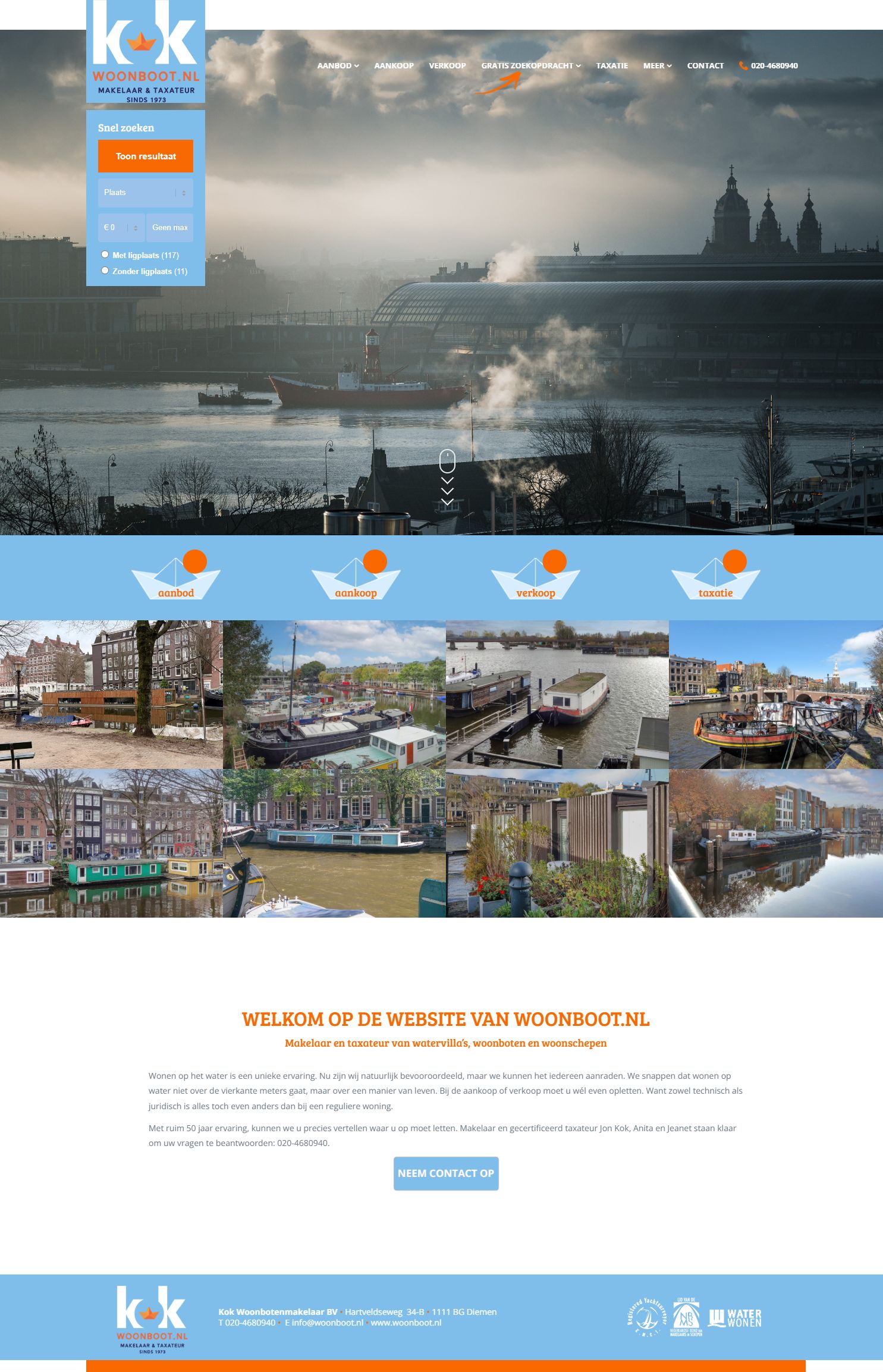 Screenshot van de website van www.woonboot.nl
