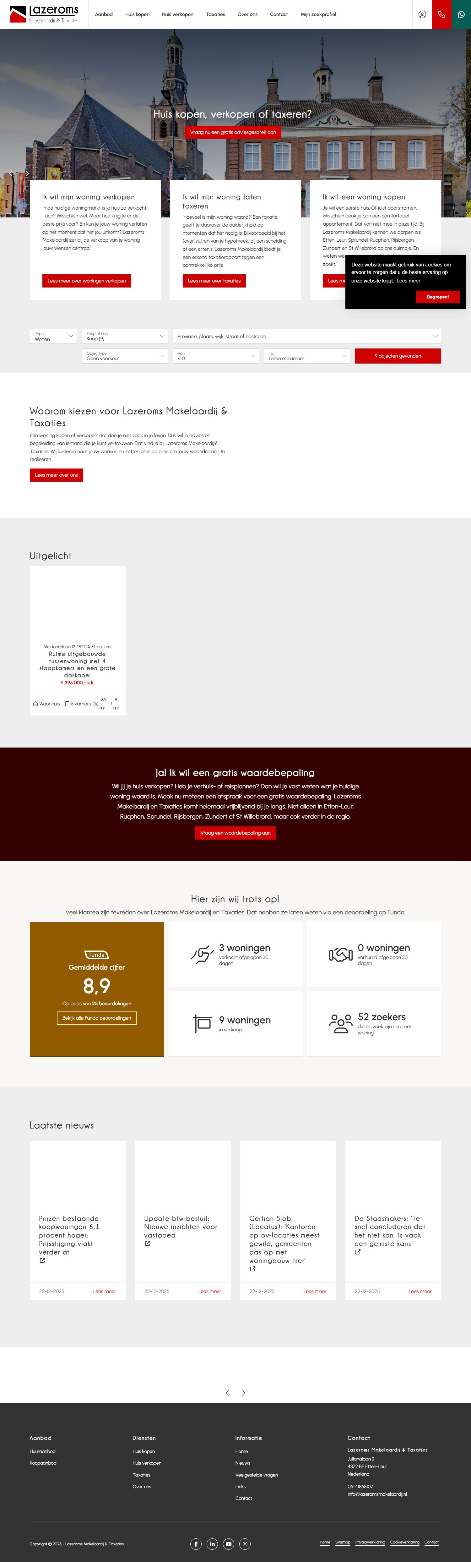 Screenshot van de website van www.lazeromsmakelaardij.nl