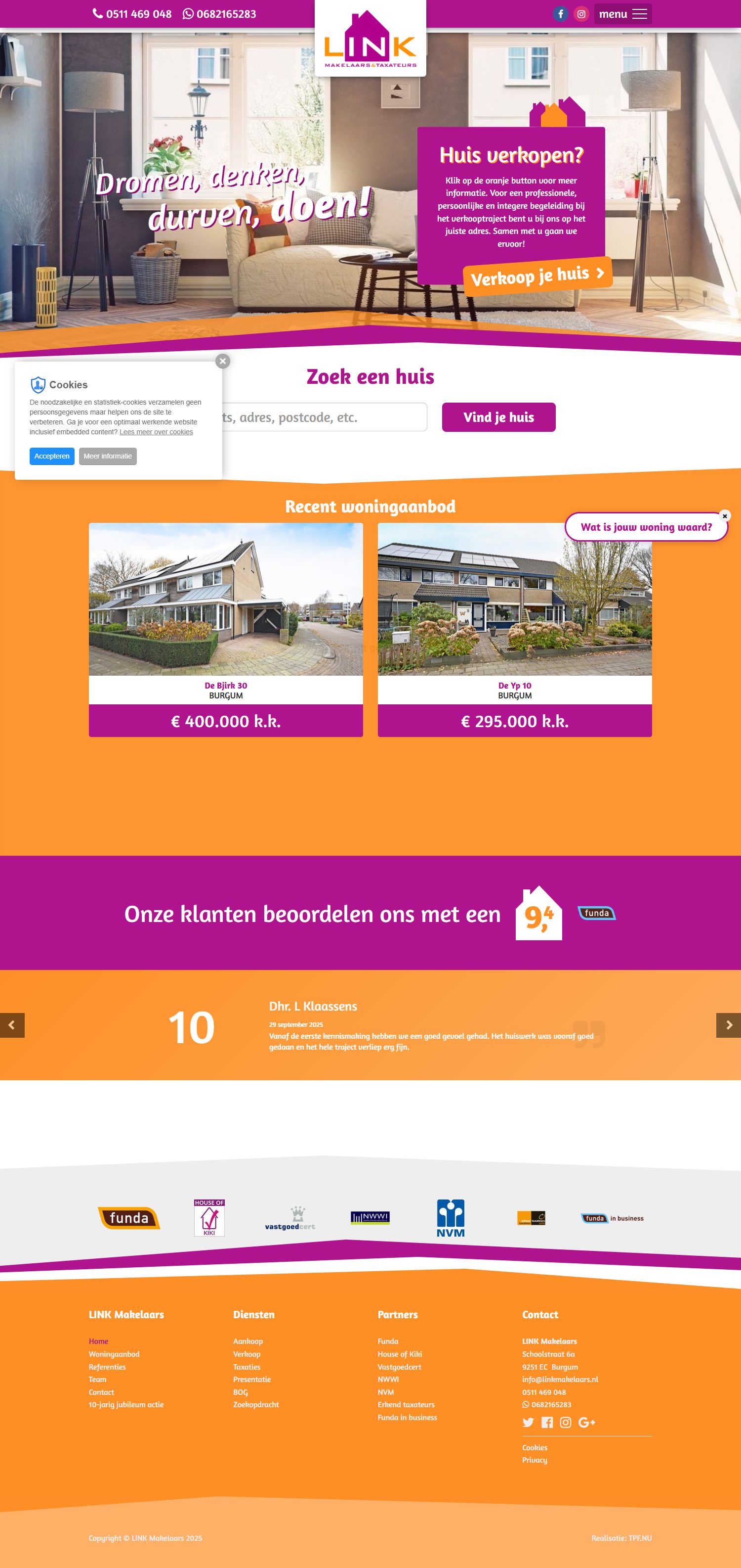 Screenshot van de website van www.linkmakelaars.nl