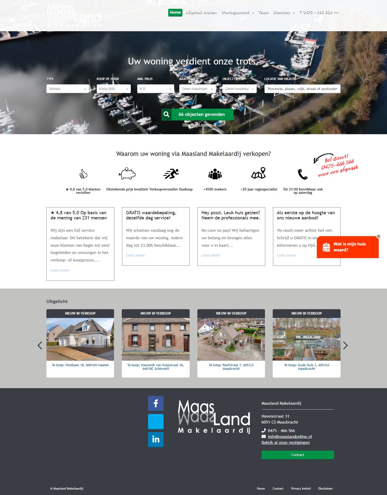 Screenshot van de website van www.maaslandmakelaardij.nl