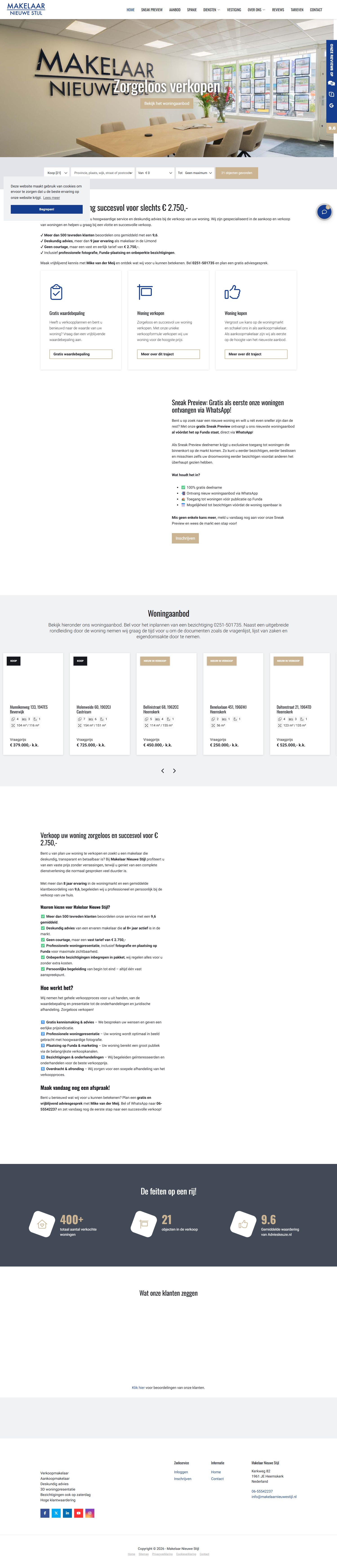 Screenshot van de website van www.makelaarnieuwestijl.nl