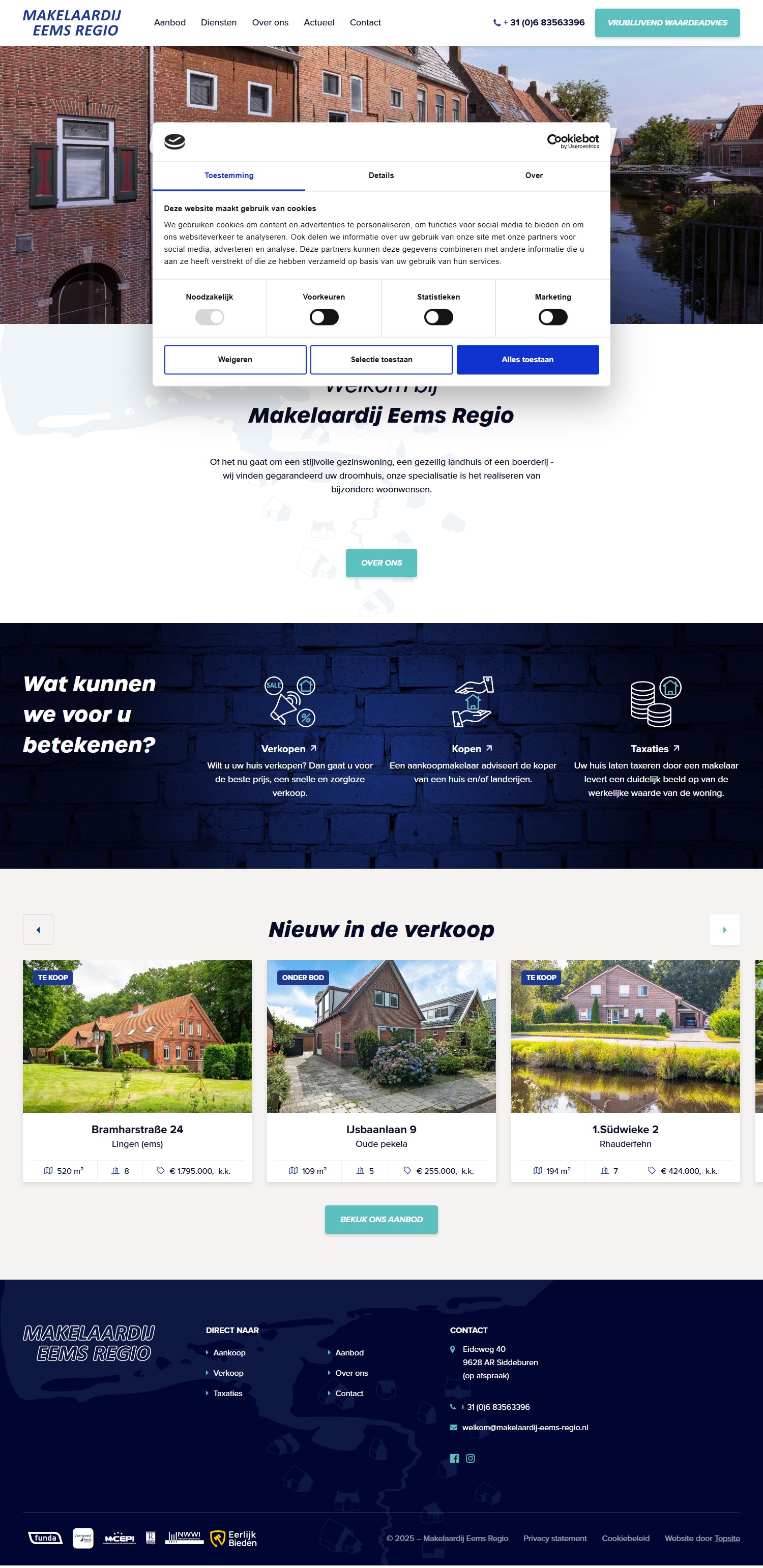 Screenshot van de website van www.makelaardij-eems-regio.nl