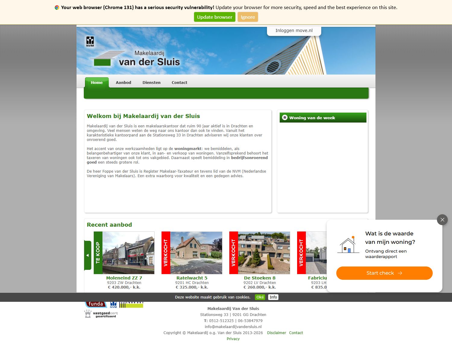 Screenshot van de website van www.makelaardijvandersluis.nl