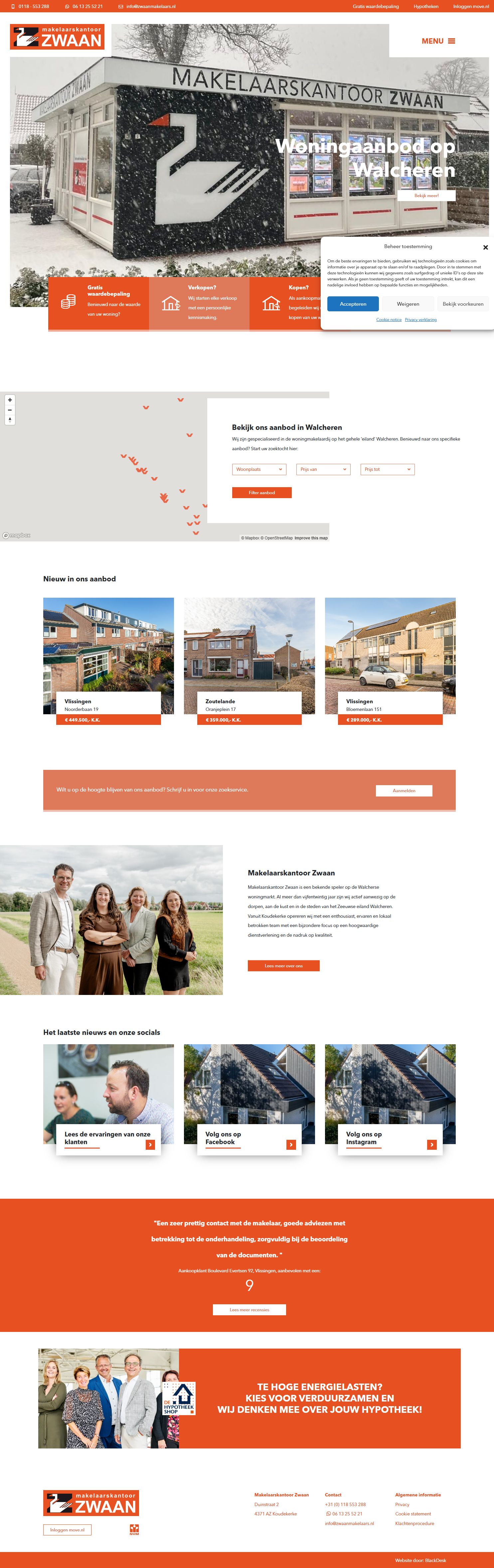 Screenshot van de website van www.zwaanmakelaars.nl
