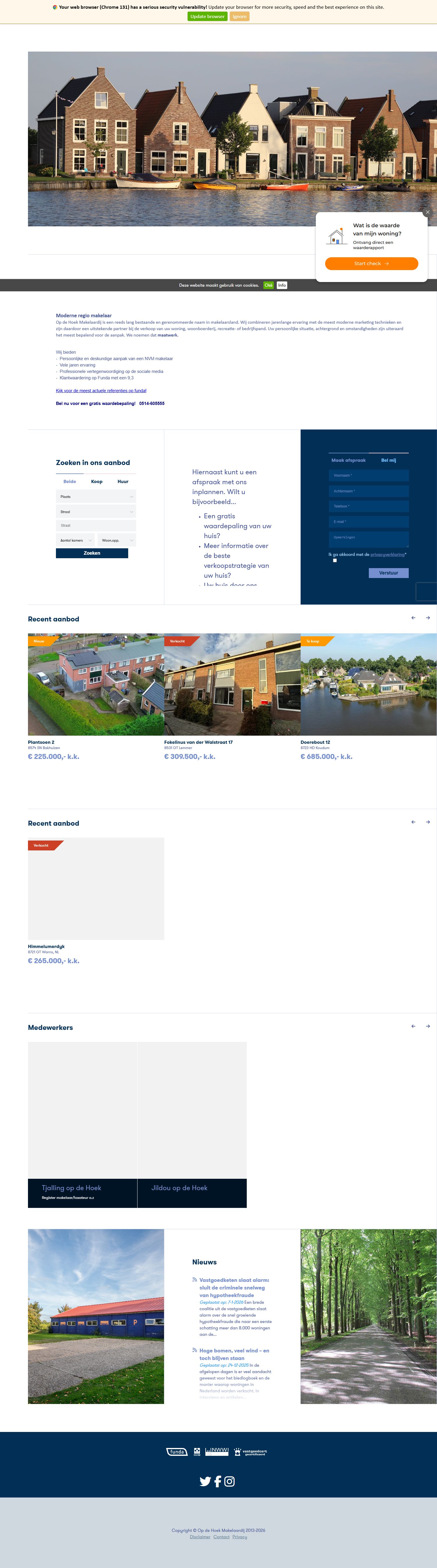 Screenshot van de website van www.opdehoekmakelaardij.nl