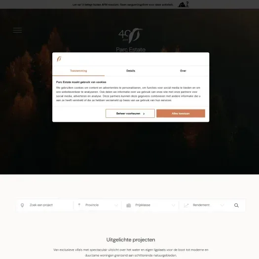 Screenshot van de website van www.parcestate.com