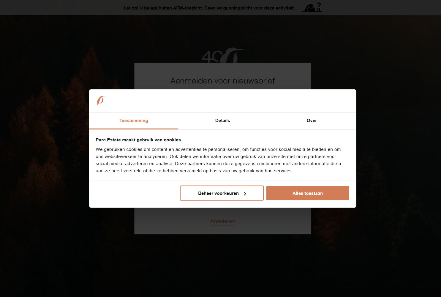 Screenshot van de website van www.parcestate.com
