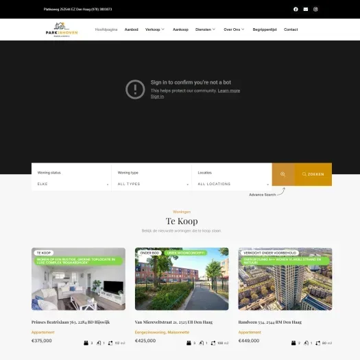 Screenshot van de website van www.park16hovenmakelaardij.com