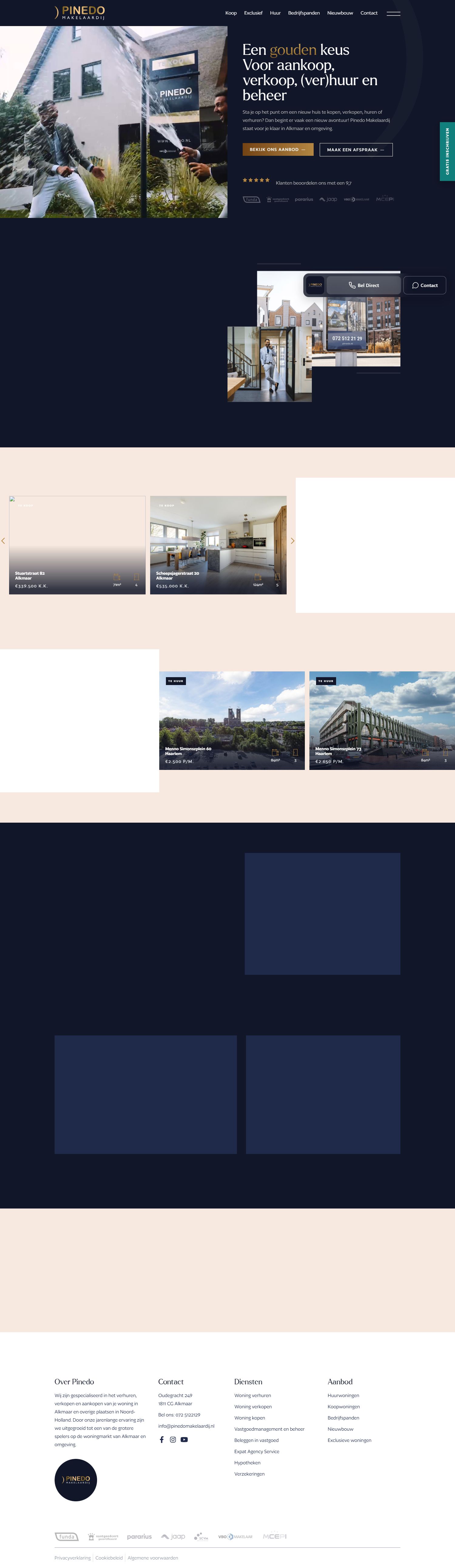 Screenshot van de website van www.pinedomakelaardij.nl