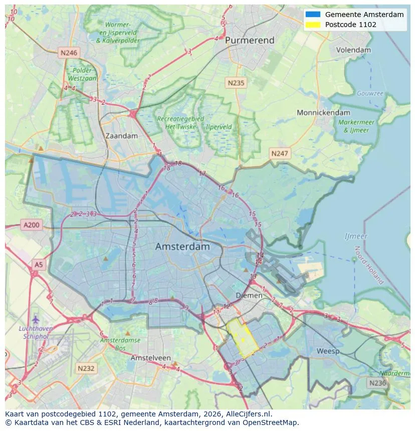 Postcodekaart voor 1102