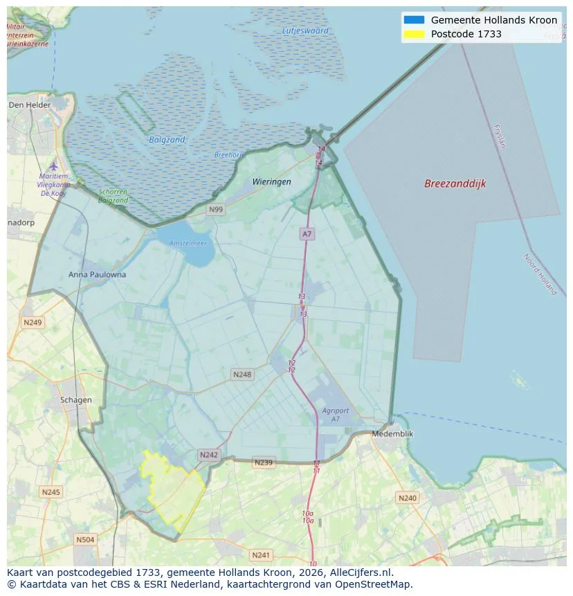 Postcodekaart voor 1733