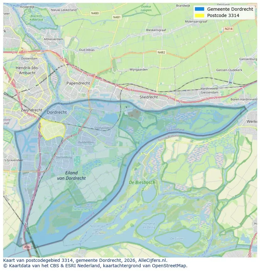 Postcodekaart voor 3314