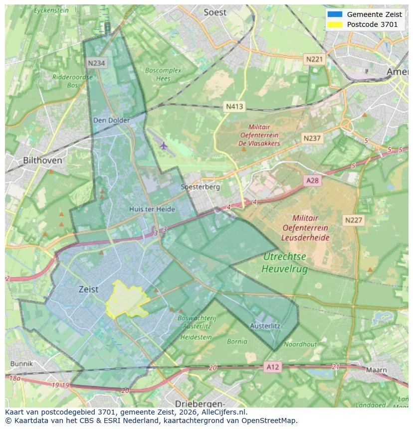 Postcodekaart voor 3701