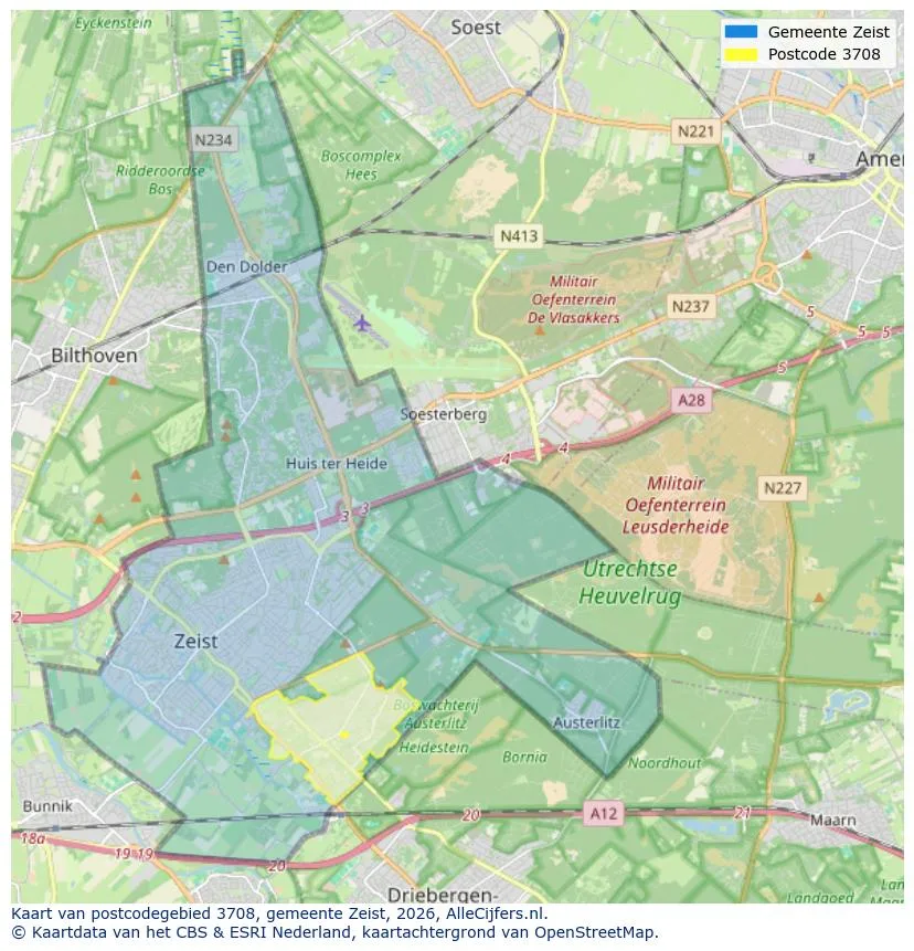 Postcodekaart voor 3708