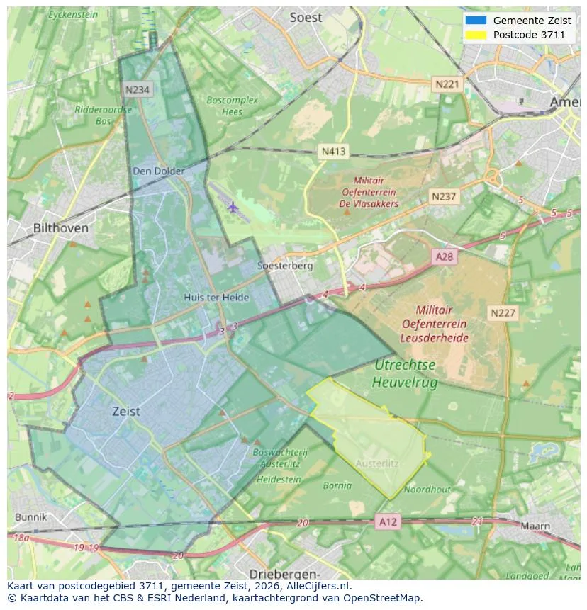 Postcodekaart voor 3711