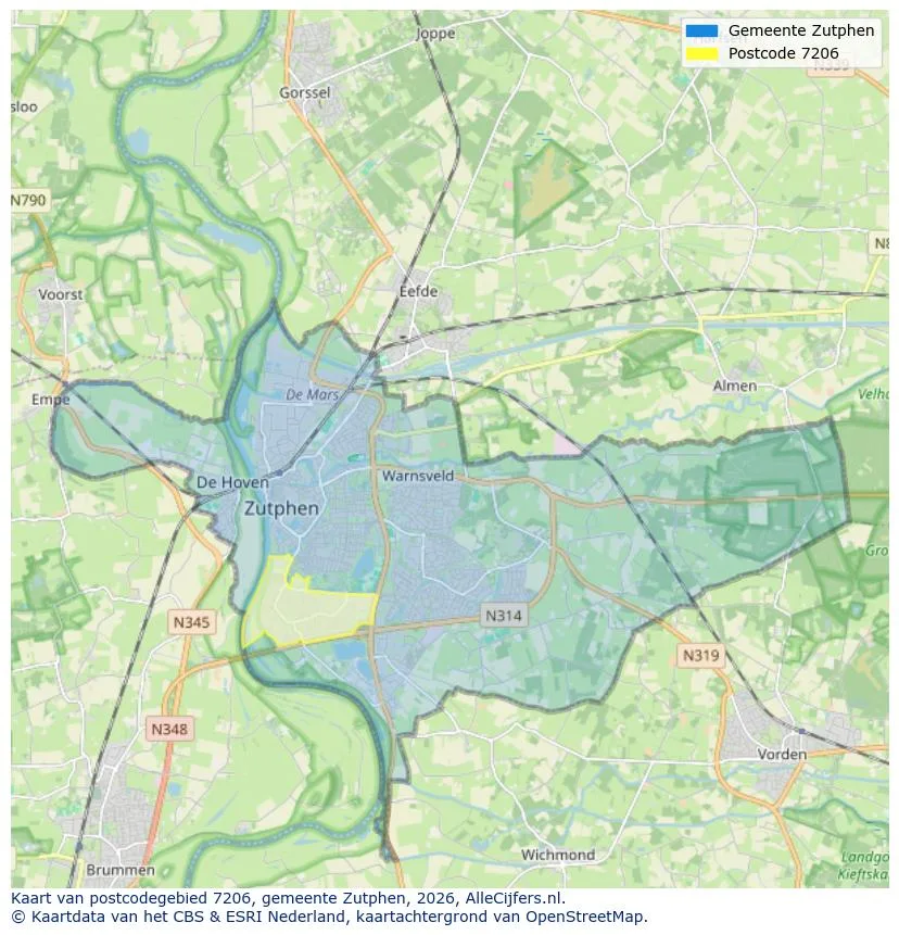 Postcodekaart voor 7206