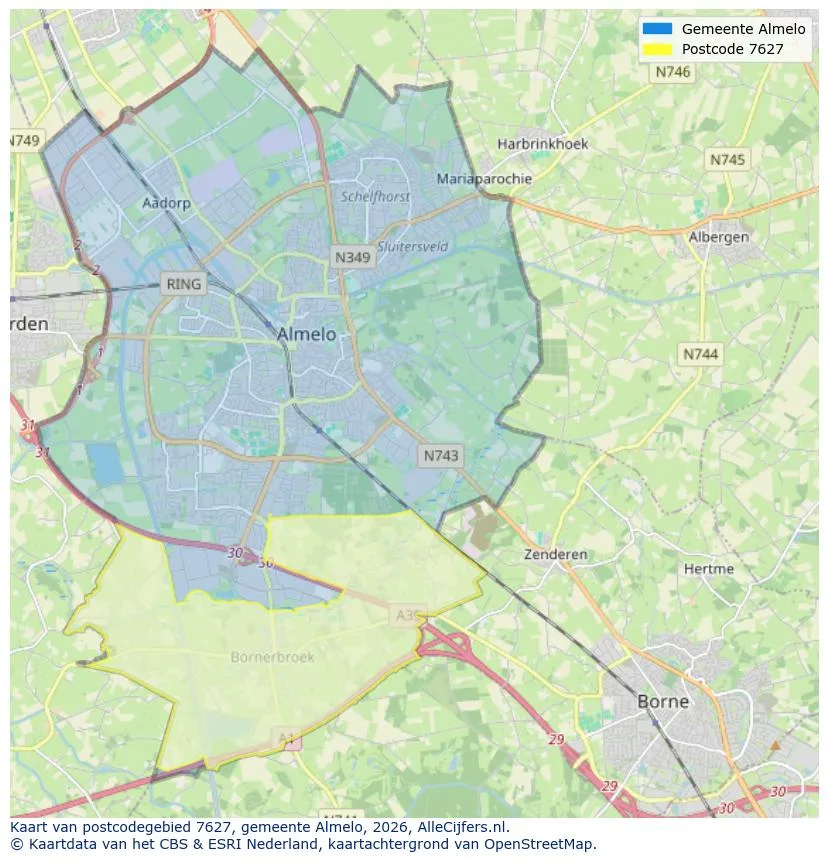 Postcodekaart voor 7627