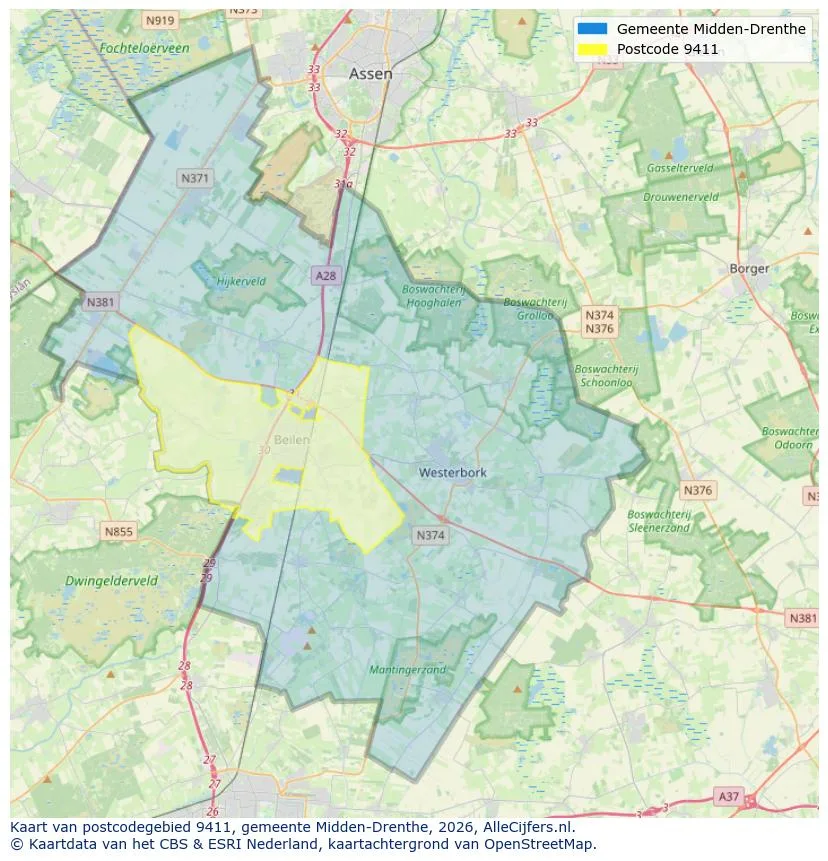 Postcodekaart voor 9411
